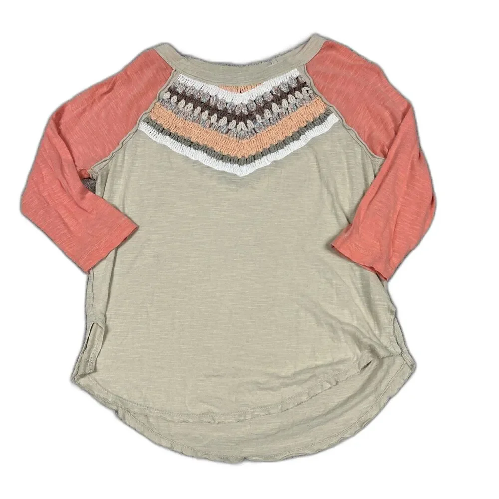 We The Free People Spring Bound Top Womens Small Crochet Paneled Shirt Beige
